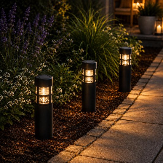 Pro Garden Solar tuinlampen / prikspots - 3x stuks - warm wit licht - 7 x 28 cm - tuinverlichting - tuinlampjes - zwart - kunststof