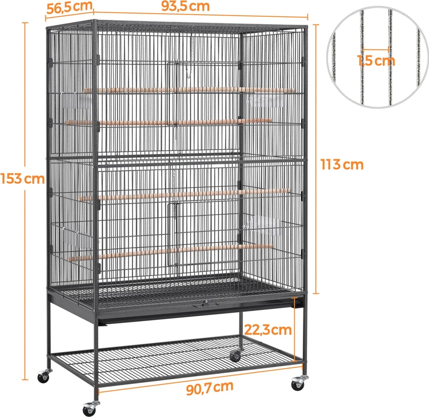 Yaheetech XXL Vogelkooi Met 360° Zwenkwielen – Voorzien Van Onderste Opbergplank En 4 Zitstokken En Verwijderbare Bodemplaat – Voor Parkieten En Valkparkieten – Zwart Metaal – 93,5 x 56,5 x 153 cm