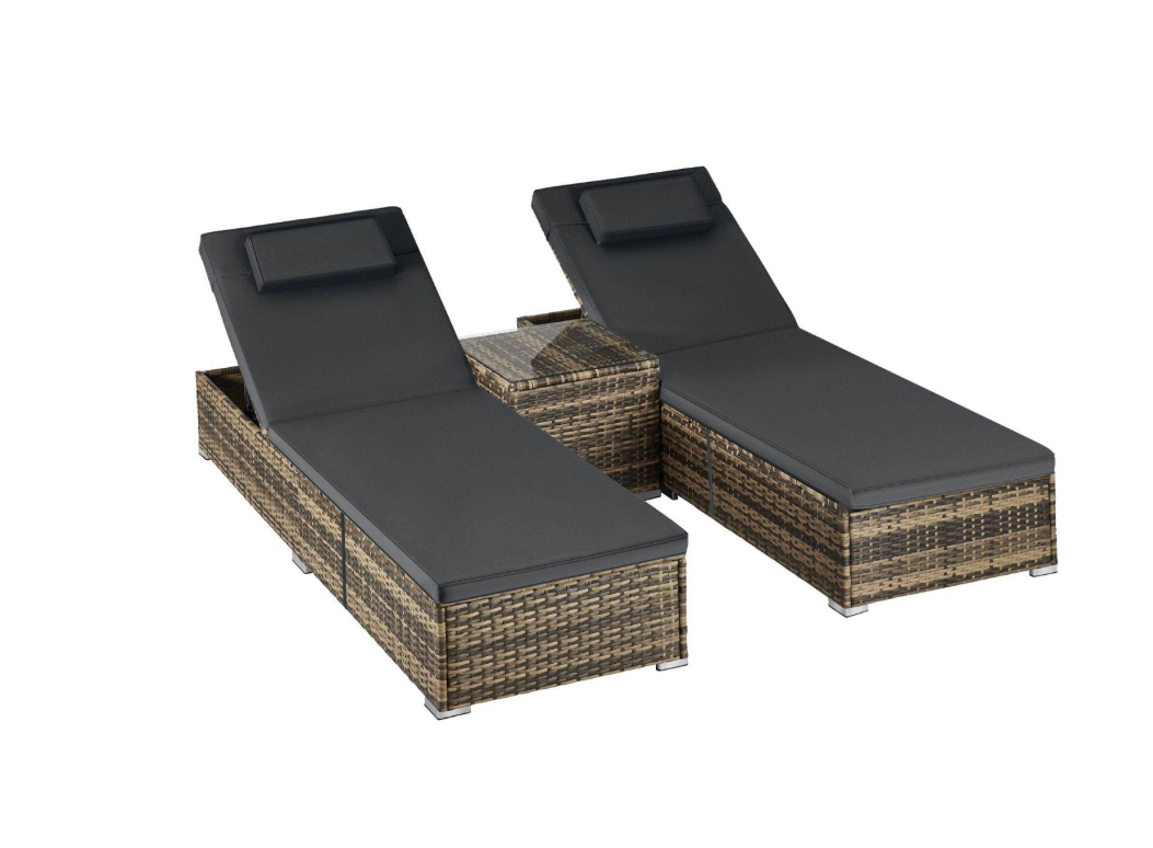 Tectake Wicker Tweepersoons Ligbed Carbonera - Natuur - 62 x 196 x 36 cm - Set van 2, met Bijzettafel