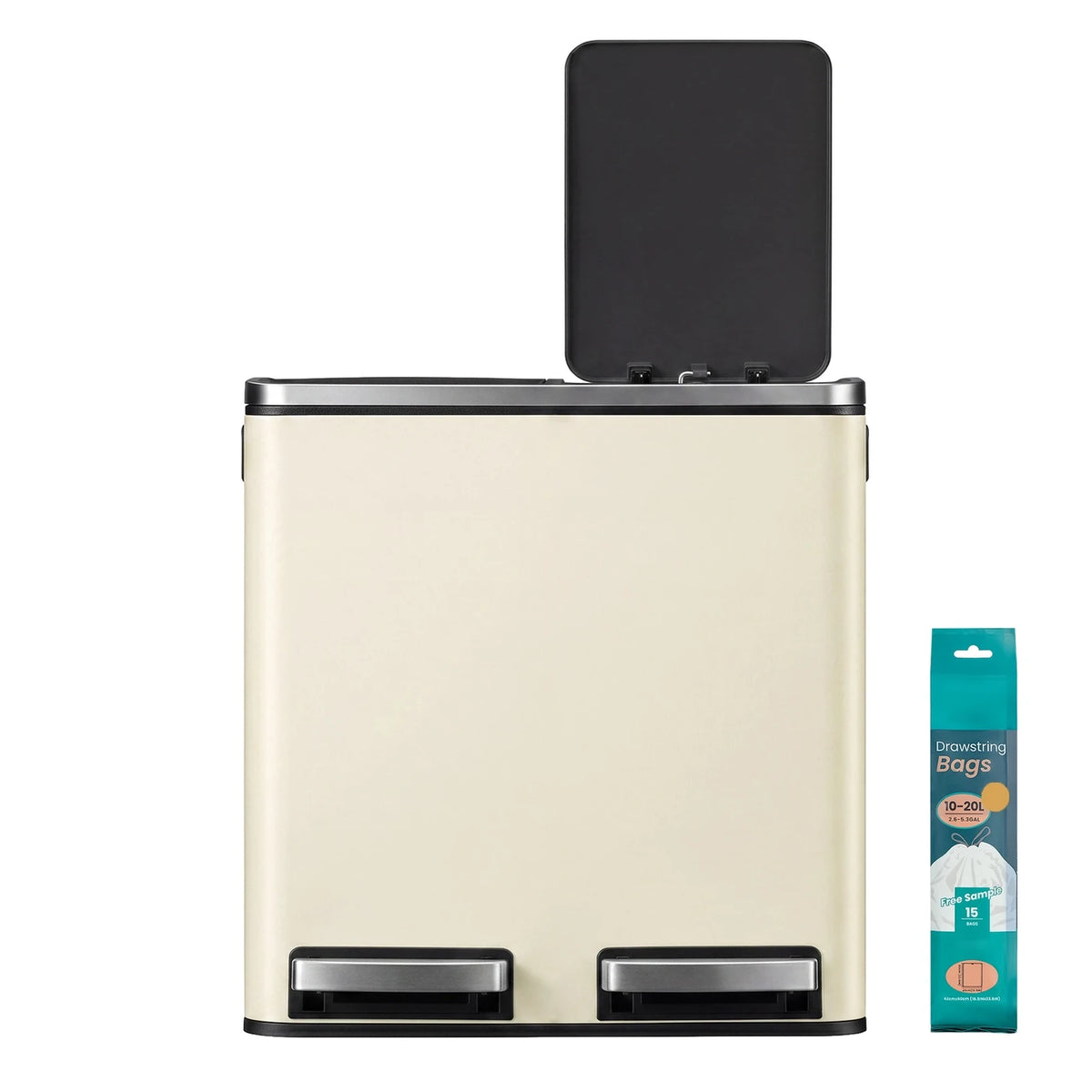Joyfurnos Dubbele Pedaalemmer - Beige & Zwart - 2 x 15 Liter - Softclose Deksel - Staal - 41,8 x 35,9 x 44,5 cm
