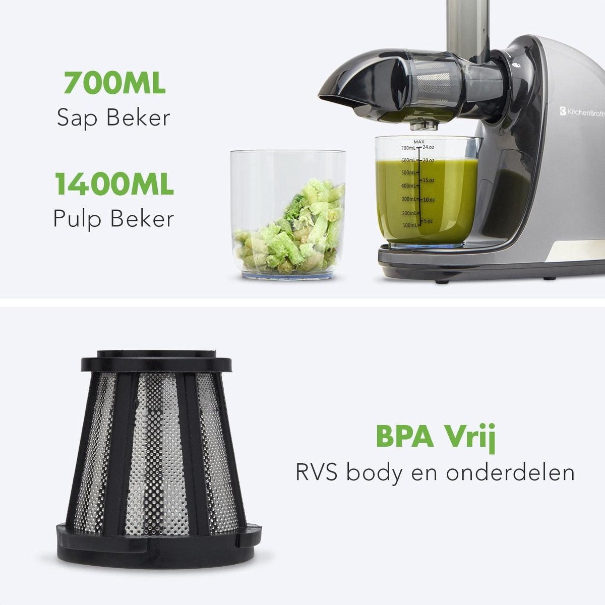 KitchenBrothers Slowjuicer - Juicer - Groenten en Fruitpers - 700ml Sapbeker - 1400ml Pulpcontainer - Grijs