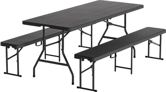 LifeGoods Inklapbare Picknickset – Voorzien Van Zwarte Houtnerf Look En Kofferontwerp En 2 Banken – Voor Tuin En Camping – Zwart HDPE En Staal – 180 x 74 cm