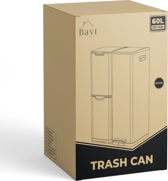 Bayt Prullenbak - Prullenbak 60 Liter - Vuilnisbak 60 Liter - Pedaalemmer 60 Liter - Prullenbak Afvalscheiding - Prullenbak 3 Vakken - Afvalbak - RVS - Wit