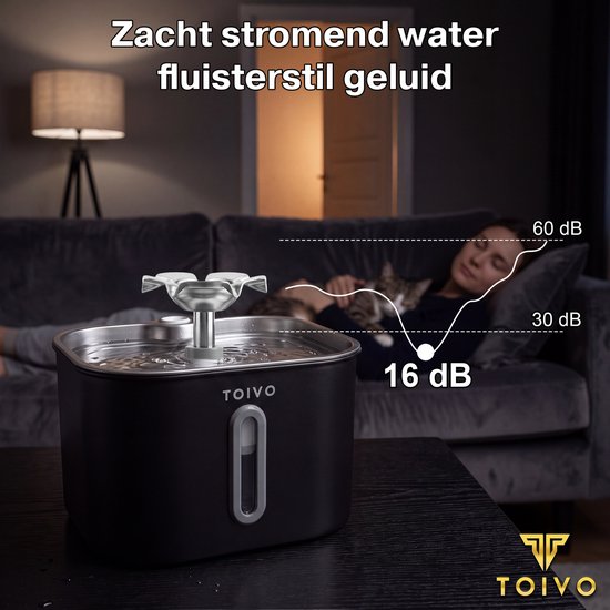 Toivo Drinkfontein Kat - 2.2 L - RVS - Waterfontein met Venster Incl. 4 filters - Waterdispenser - Fluisterstil - Kattenfontein - Drinkbak - Waterbak - Zwart