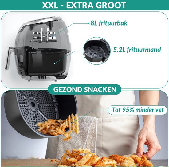Niceey Airfryer XXL - Heteluchtfriteuse - 1800W - 8,0L - Incl. Kookboek - Zwart