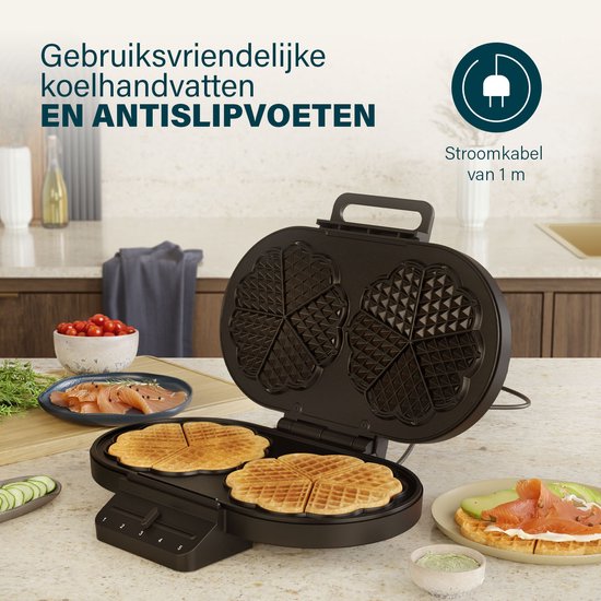 Princess 132384 Dubbel Wafelijzer - 10 hartvormige - 1200W - Regelbare thermostaat- 5 standen - Anti aanbaklaag - PFAS-vrij - Zwart - Gaufrier
