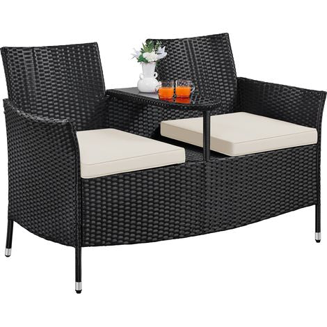 Yaheetech 2-persoons tuinbank - Met glazen tussentafel - 131 x 65,5 x 85 cm - Zwart/beige