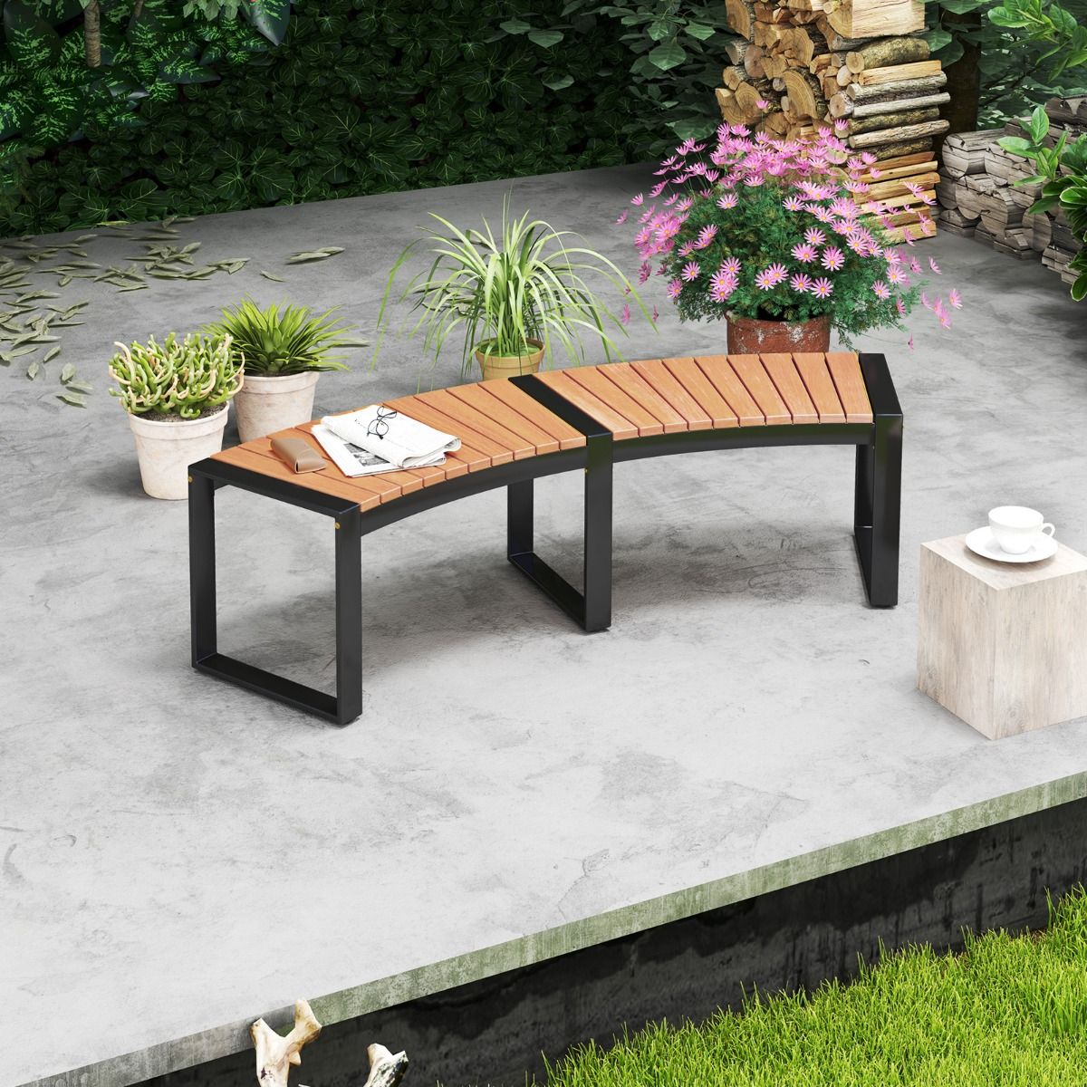 Coast Terrasbank Gebogen Acaciahout - Zitbank voor 2 Personen - 146x58x45 cm - Geel/Zwart