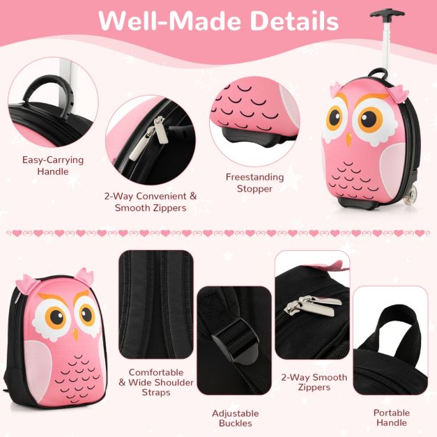 2-Delige Kinderkofferset met 40 cm Kinderkoffer & 30 cm Rugzak Rollende Koffer Reistrolleykofferset voor Kinderen - Roze - Uil