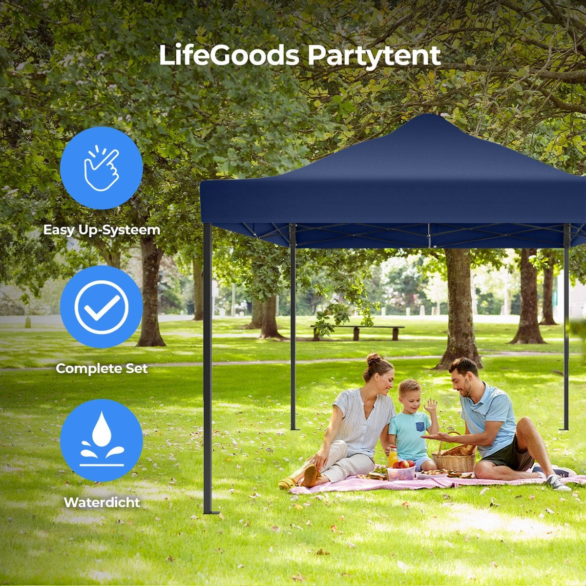 LifeGoods Partytent - Paviljoen - EasyUp - Opvouwbaar - Waterdicht - Met Draagtas met wieltjes - 440 x 297 cm - Donkerblauw