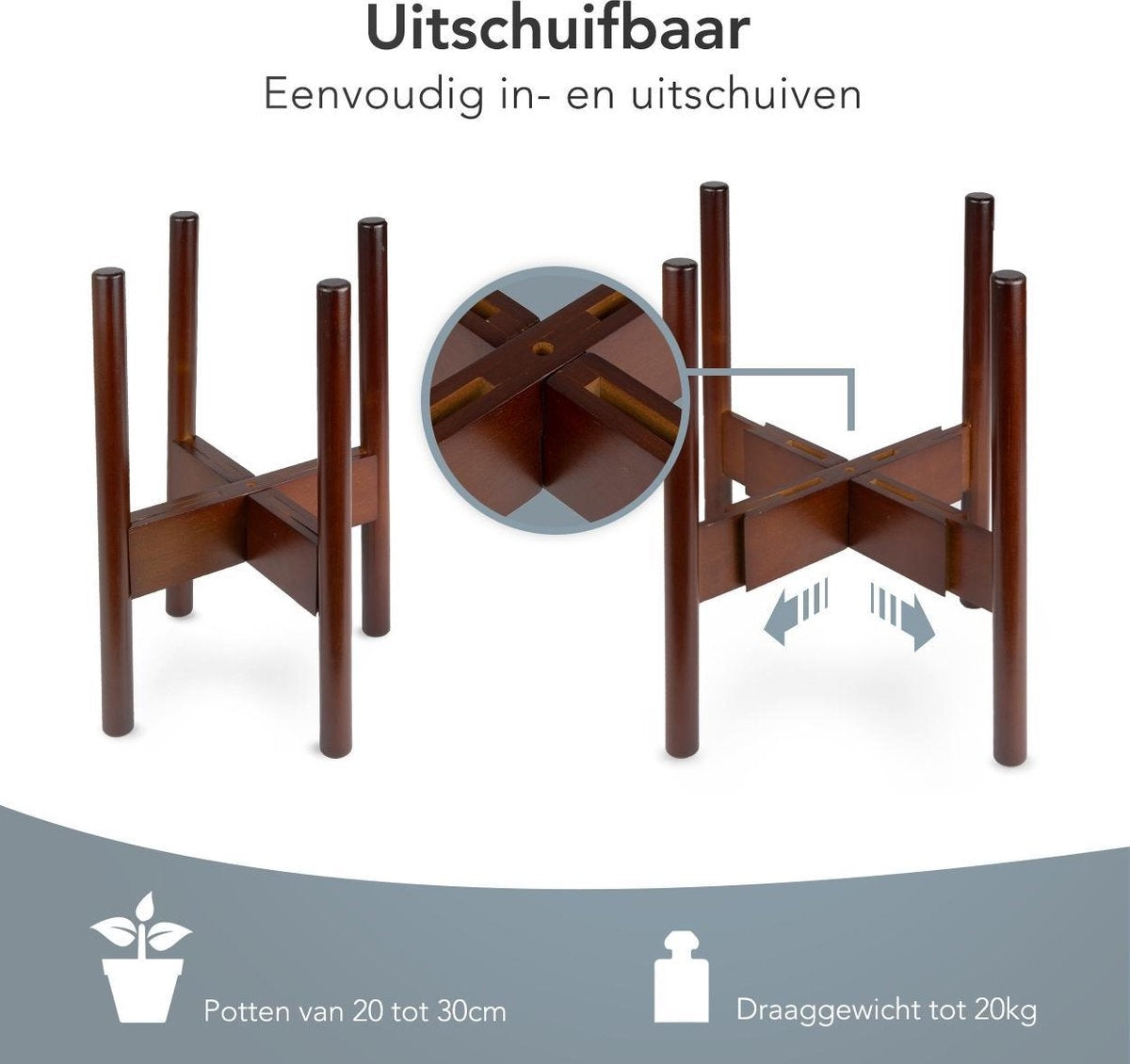 LifeGoods Planten Standaard - Uitschuifbare Bloempothouder - Plantentafel - 20 tot 30 cm - Donker Bamboe