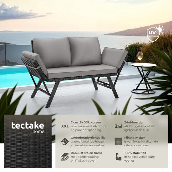 tectake® 2-in-1 Wicker Tuinbank Sintra - Verstelbare Leuningen - Tuinset - Ligbed - Balkon Loungebank - Incl. Kussens - Outdoor Loungesofa - UV- en Weerbestendig Zonnebed - Lichtgrijs/Zwart