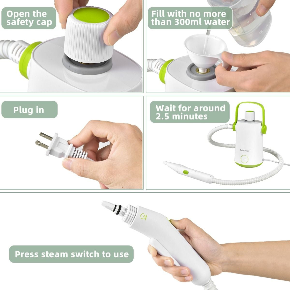 Coast Handstoomreiniger 1000W - 300ml Watercapaciteit en 10 Accessoires - Groen/Wit