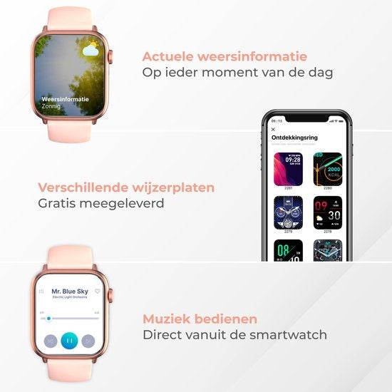 Nuvance - Smartwatch Heren & Dames met Bluetooth - 45mm - Geschikt voor alle Smartphones - Stappenteller en Hartslagmeter - Waterdicht - Lichtroze
