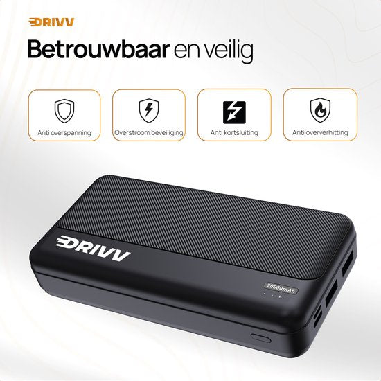 Drivv. Powerbank 20.000 mAh - Inclusief 100w Oplaadkabel - 22.5W snellader - Quick Charge USB 3.0 - USB C - Geschikt voor iPhone, Samsung en meer