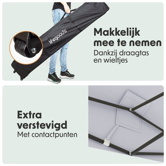 LifeGoods Partytent - Paviljoen - 3x4,5 m - Zijwanden - Easy Up - Opvouwbaar - Waterdicht - Draagtas met Wieltjes - Donkergrijs