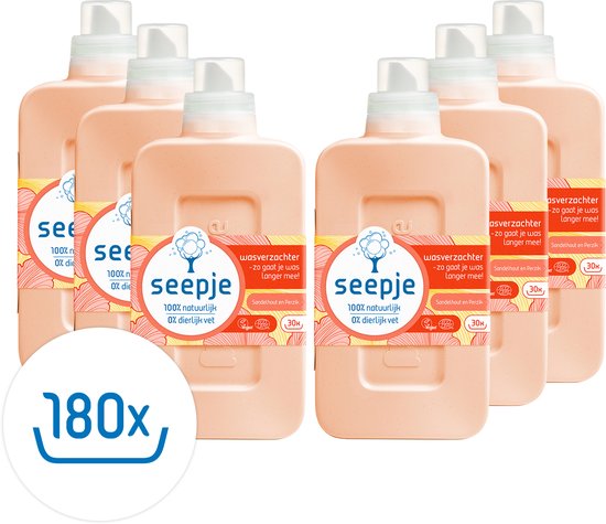 Seepje Wasverzachter Sandelhout & Perzik - 180 wasbeurten - 6 x 750 ml - Voordeelverpakking