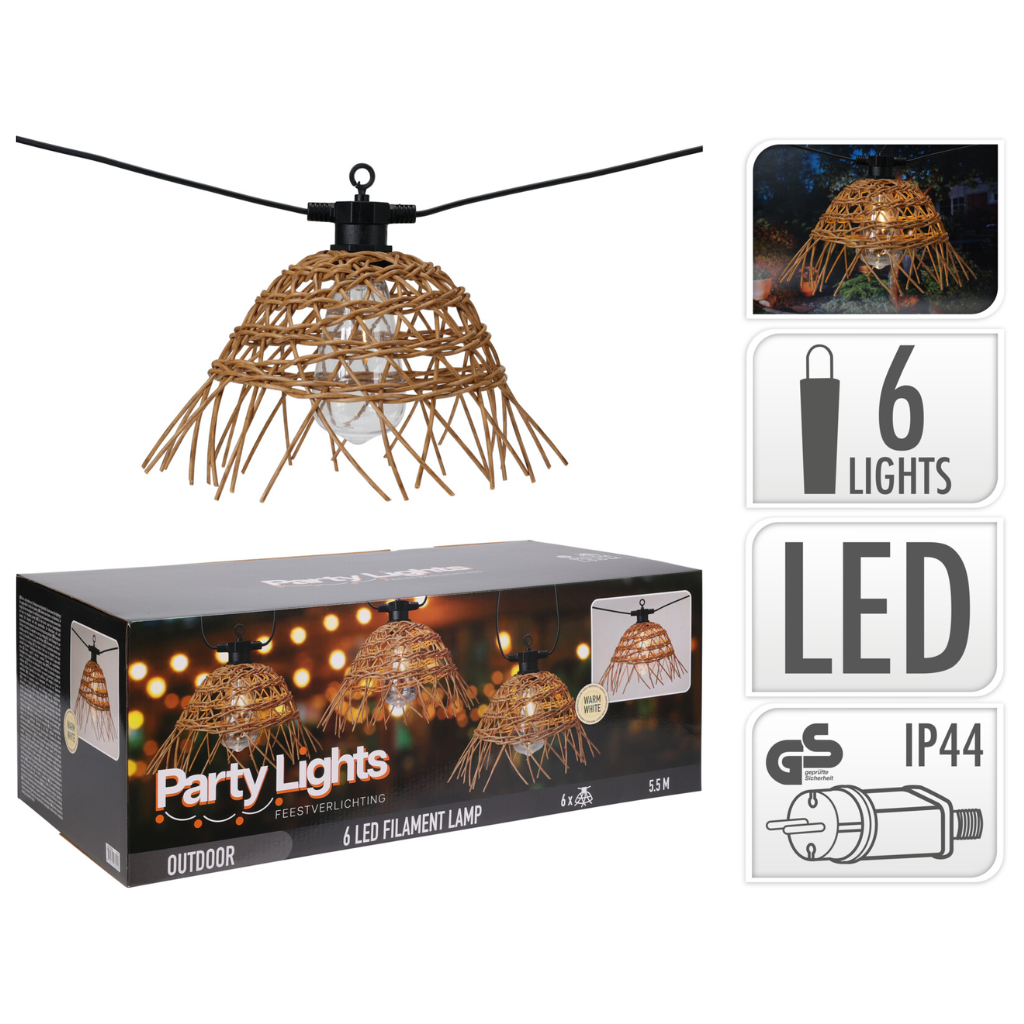 de bosrand LED partylights rattan 6 lampjes – 550×28×20 cm – zwart/ rattan