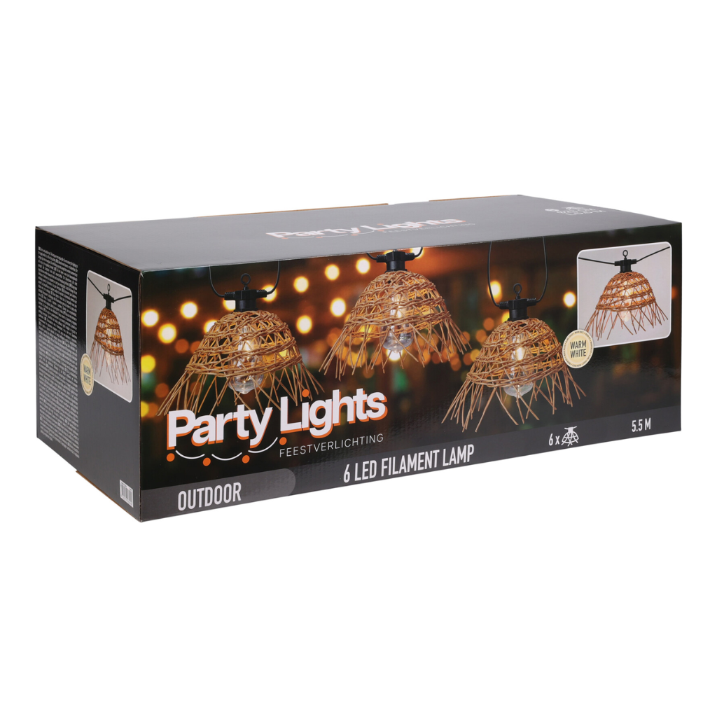 de bosrand LED partylights rattan 6 lampjes – 550×28×20 cm – zwart/ rattan