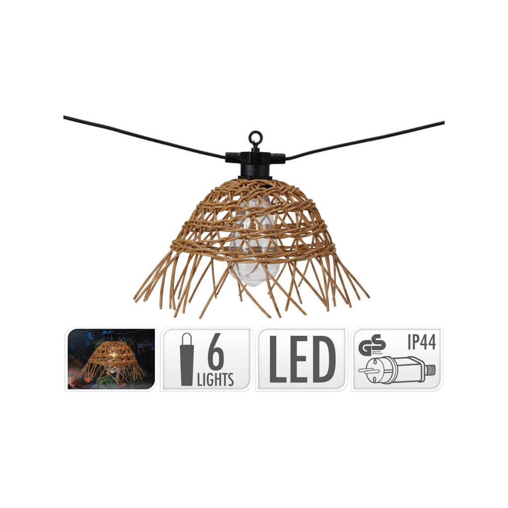 de bosrand LED partylights rattan 6 lampjes – 550×28×20 cm – zwart/ rattan