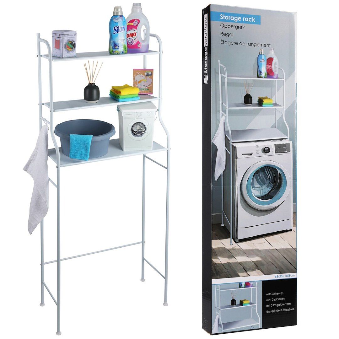 Storage Solutions - Metalen badkamerrek - wit - 62x25x155 cm – 3 planken met haken
