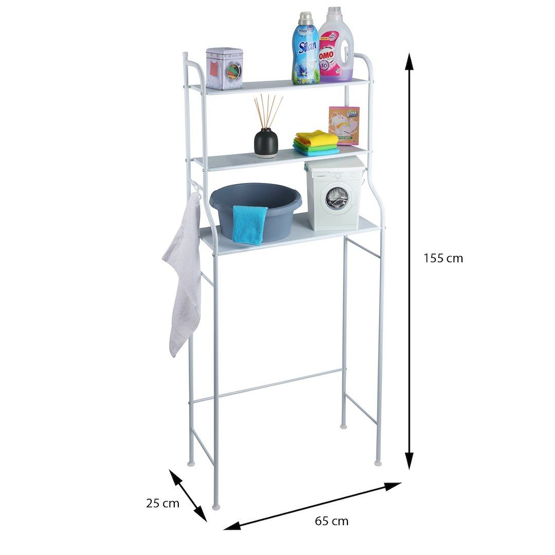 Storage Solutions - Metalen badkamerrek - wit - 62x25x155 cm – 3 planken met haken