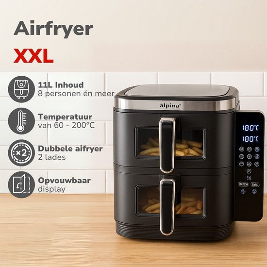 alpina Airfryer XXL - Dubbele Air Fryer 11L - Heteluchtfriteuse 2 Manden - Double Stacked voor 8 Personen - Opvouwbaar Display - Timerfunctie tot 60 Minuten - Temperatuur 60-200°C - Zwart