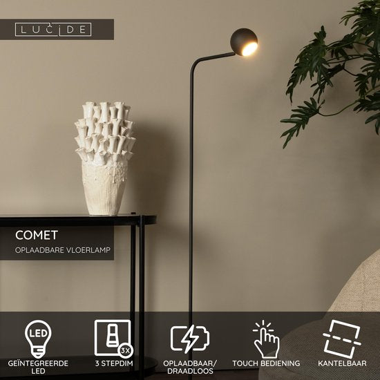 Lucide COMET - Oplaadbare Vloerlamp - Accu/Batterij - LED 3 StepDim - 1x3W 2700K - Zwart