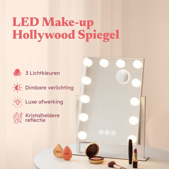 Fraay® Hollywood Spiegel met Verlichting 41x30cm - 3 Lichtstanden - Make Up Spiegel met 10x Vergrootspiegel - LED Verlichting Dimbaar - Incl. Beauty Blenders en Powder puff