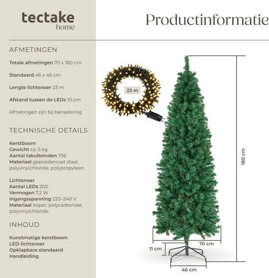 Tectake Kunstkerstboom Comet 180 cm - 200 LED’s - 8 Lichtmodi - Groen