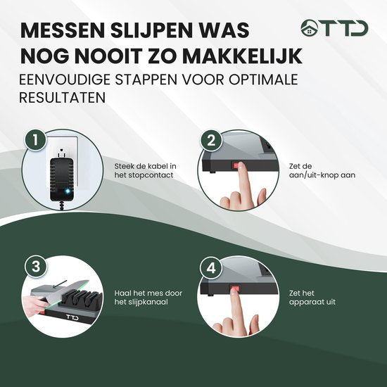 TTD® Premium Messenslijper Elektrisch - 3 Standen - Voorbewerken, Slijpen en Polijsten - Antislip - Doortrekslijper - Knife Sharpener - Aanzetstaal voor Messen