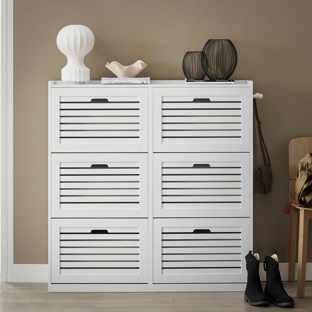 SoBuy FSR145-W Schoenenkast Met 6 Kleppen, Schoenencommode Met 2 Haken, Schoenenrek, Schoenenkist, Gangkast