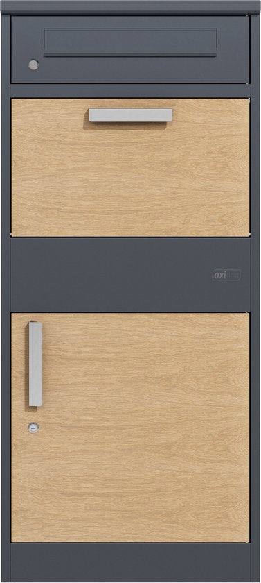 AXI Levi Pakketbrievenbus van Metaal Antraciet/Houtlook – Pakketbox voor meerdere pakketjes – Inclusief slot en apart vak voor post – 50,6 x 38,3 x 112 cm