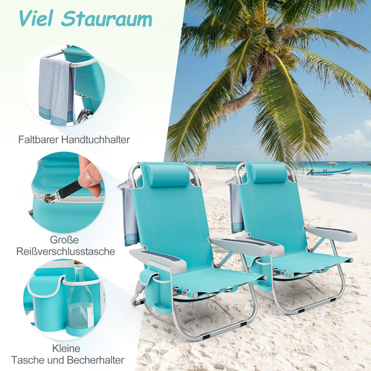 Coast Strandstoel - 2 stuks - Inklapbaar - Max. 150 kg - 66 x 65 x 78 cm -Blauw