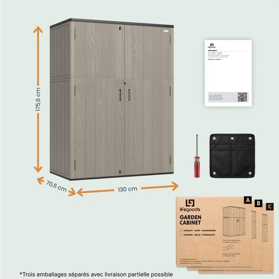 LifeGoods Tuinkast Verticaal - 1340L - Opbergkast - Waterdicht & UV-bestendig - Tuinbox - Taupe