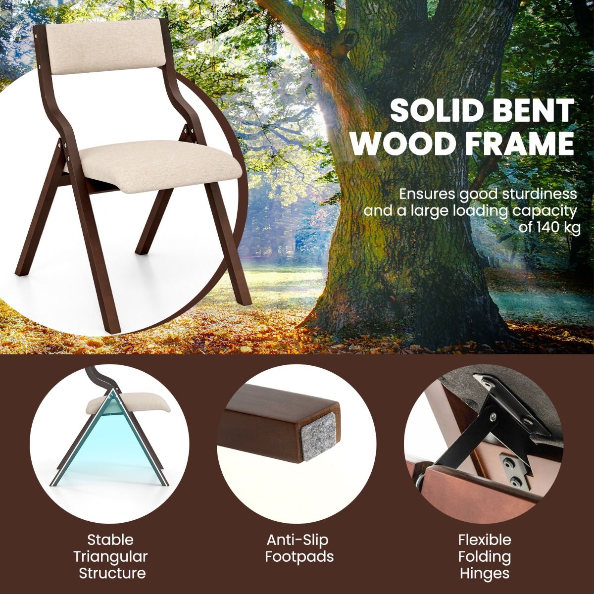Coast Eetkamerstoelen Set van 2 - Opvouwbaar - Massief Houten Frame - Koffie en Beige