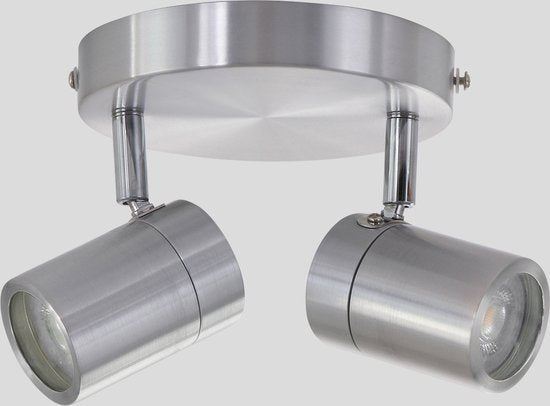 Staalkleurige 2-lichts spot Upround 2487ST - Draaibaar en kantelbaar - Modern design - Inclusief lichtbronnen - Mexlite - Geschikt voor binnen gebruik, IP44, max. diepte 15 cm