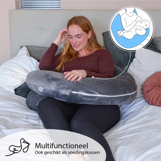 El-Life Zwangerschapskussen XXL – C-Vorm – Zijslaapkussen – Lichaamskussen – Voedingskussen – Body Pillow – 150x70cm – Afneembare Minky Fleece Hoes – Grijs