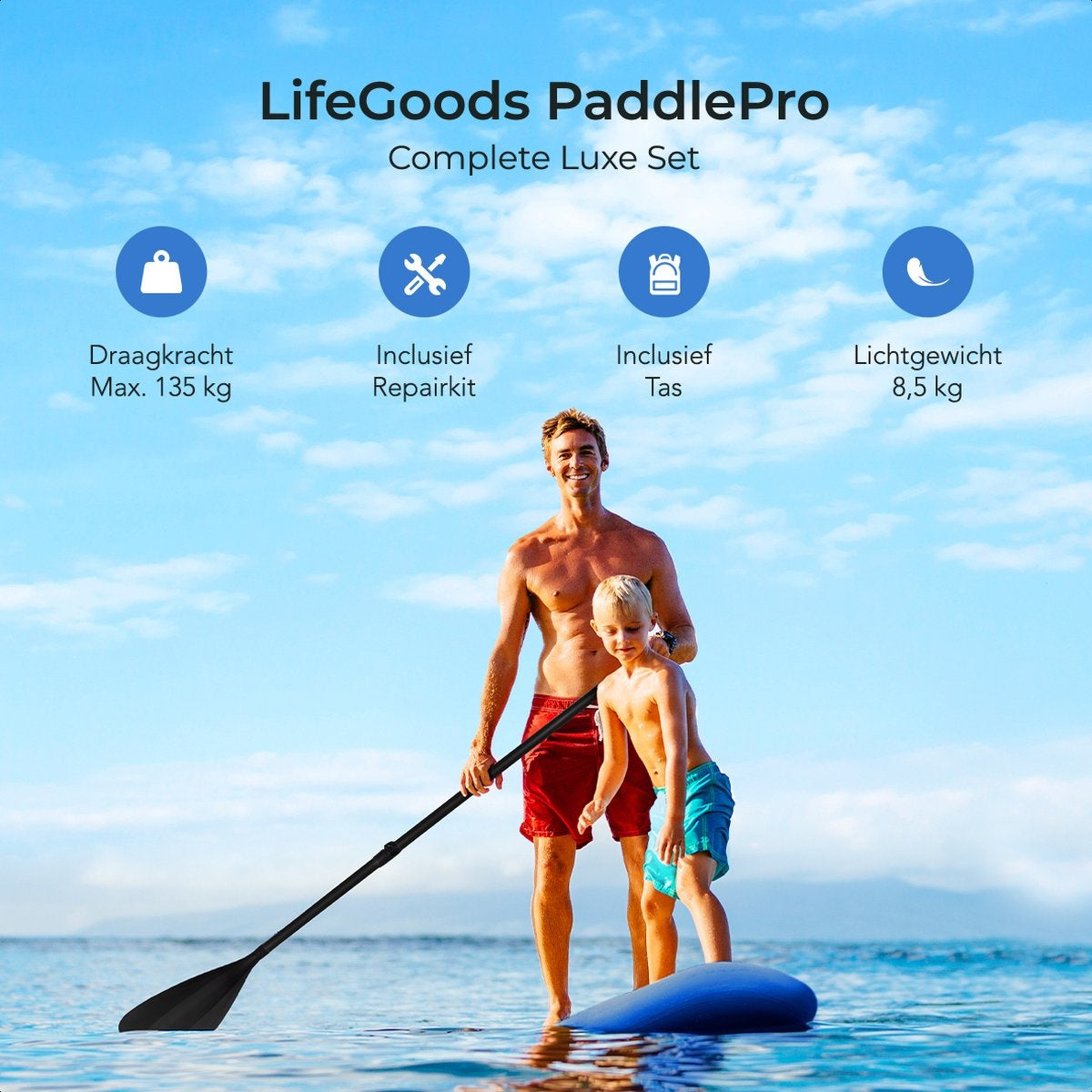 LifeGoods SUP Board - Luxe Set - met Zitje - Opblaasbaar Paddle Board - Max. 135KG - 320x81cm - Blauw