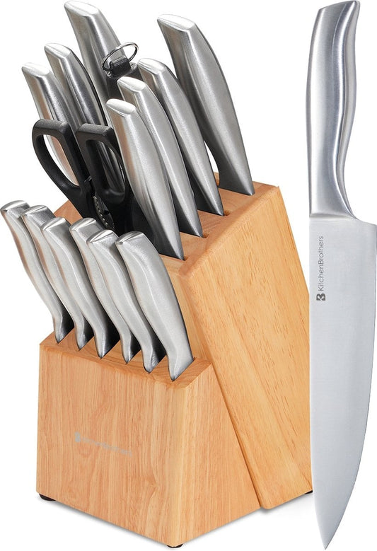 KitchenBrothers Messenset - Messenblok - 16-Delig - met Schaar en Aanzetstaal - Rubberwood