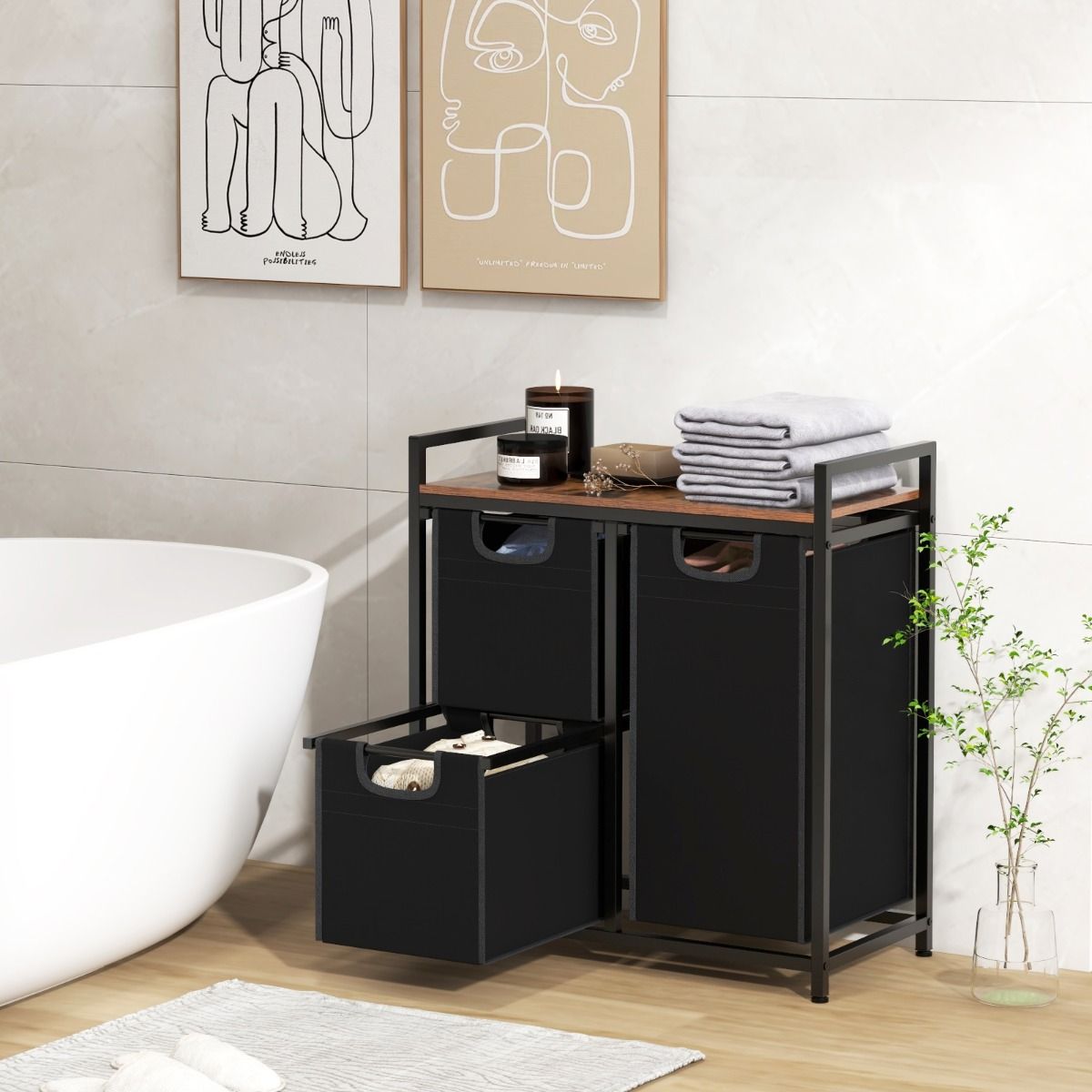 Coast Wasmand met Plank - 3 uitneembare waszakken - metalen frame - zwart en rustiek bruin