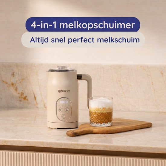 Safecourt kitchen Elektrische Melkopschuimer – 100% PFAS-vrij – Display & Temperatuurregeling – 4-in-1 – 350ml – Beige