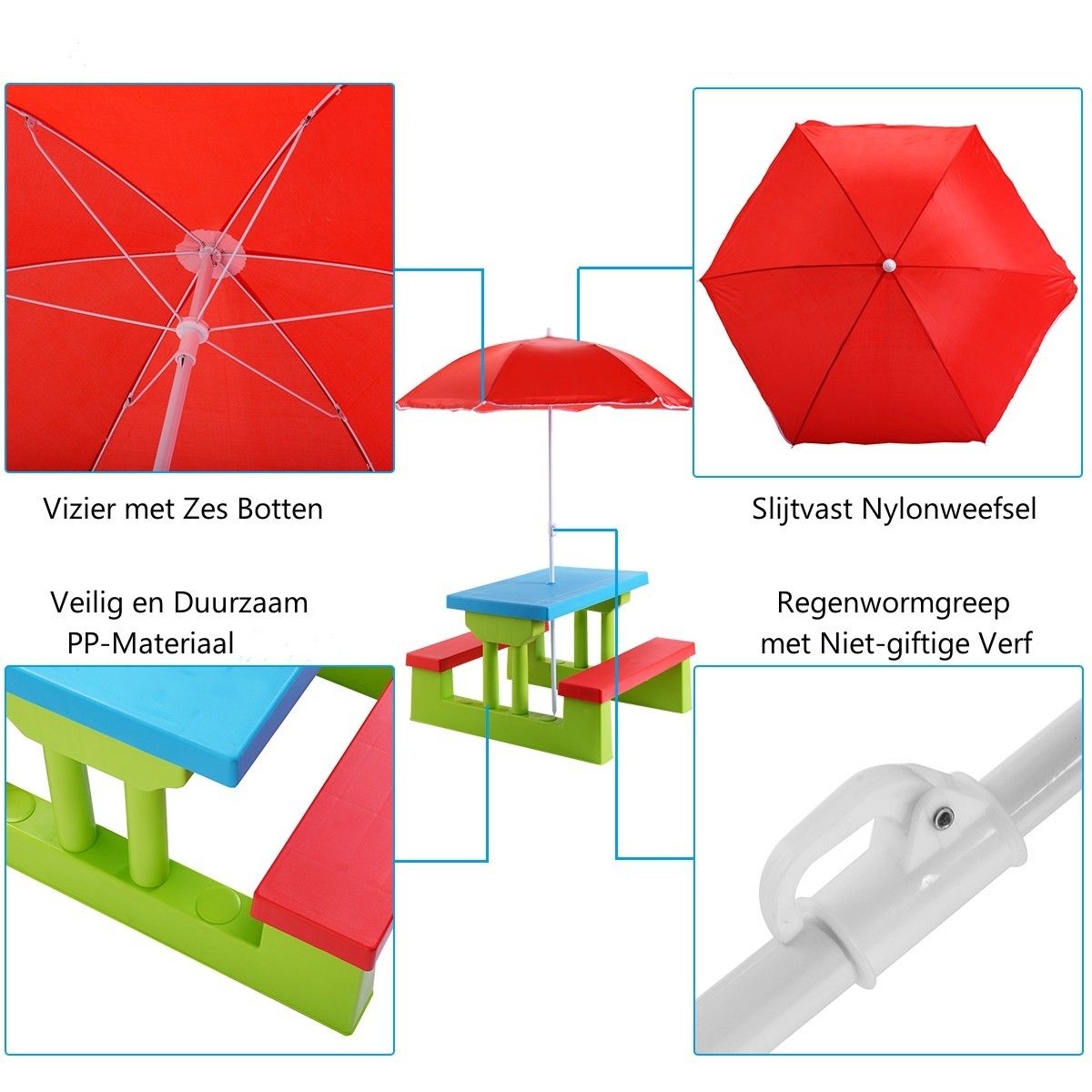 Coast Picknicktafel voor Kinderen - Met Parasol - 2 Banken - Max. 50 kg - 67 x 41 x 47 cm - Rood / Blauw / Groen