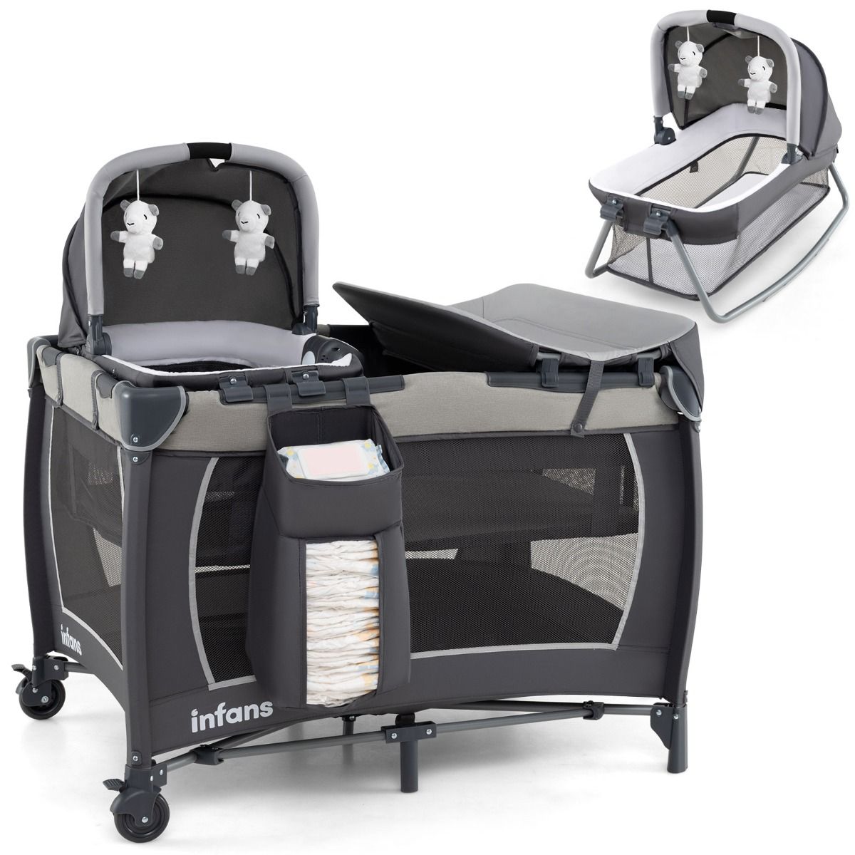 Coast 5-in-1 Reisbedje voor Baby's - Opvouwbaar babybed met commode en opbergmand - Inclusief draagtas - Grijs