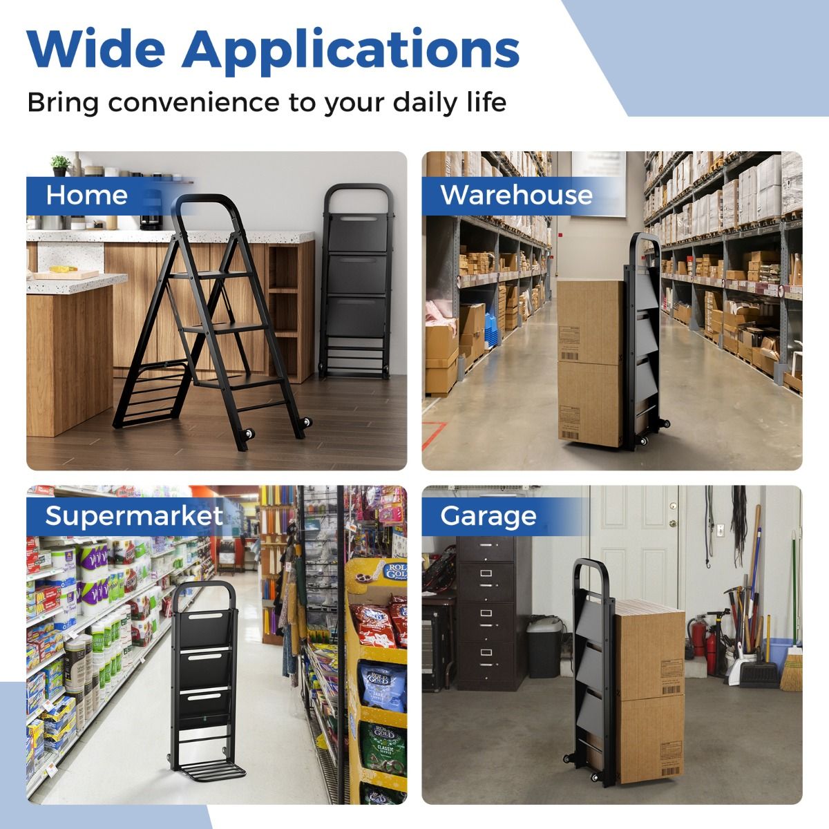 Coast Opvouwbare Trapladder en Trolley - 2-in-1 ontwerp - 3 brede treden - Zwart