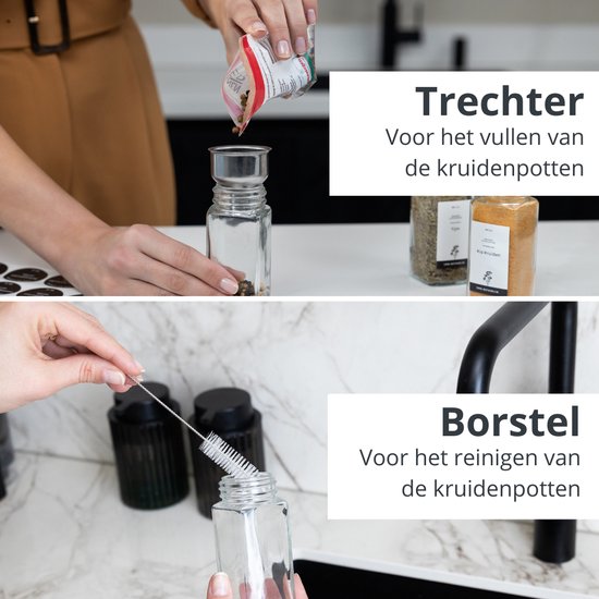 Organess 42 Glazen Kruidenpotjes Vierkant met Zwarte Deksel – 3 Soorten Strooideksels – Kruidenstrooier – Spice Jars – Complete Set incl Kruiden Stickers, Krijtstift en Accessoires – 120ml