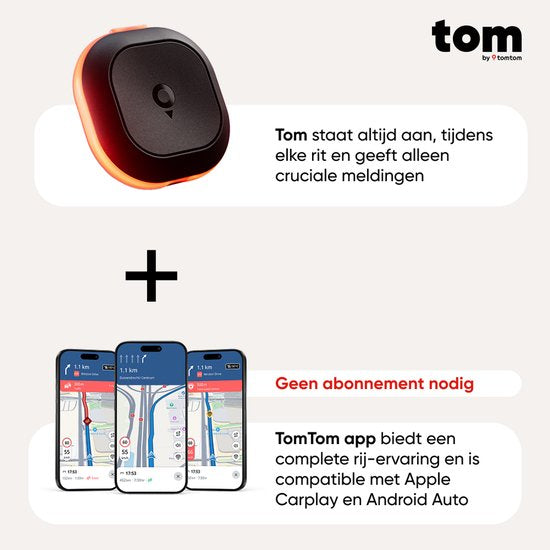 Tom by TomTom | Flitsmelder voor Auto | Waarschuwt voor Vaste & Mobiele Flitsers, Files | Zonder Abonnement | CarPlay & Android Auto | Made in Europe
