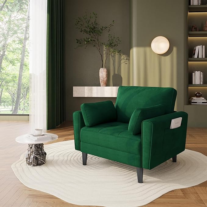 Yaheetech Moderne Woonkamerfauteuil met Armleuningen en Zakken Relaxfauteuil met Kussens Houten Frame Stoffen Slaapkamerfauteuil voor Woonkamer Groen