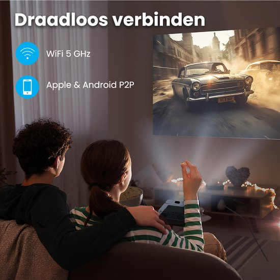 Auronic Beamer 10.000 Lumen - WiFi - 1080P Full HD - Streamen vanaf je telefoon - Smart Mini Beamer - IOS & Android - HDMI-kabel - Afstandsbediening en Projectiescherm - Zwart