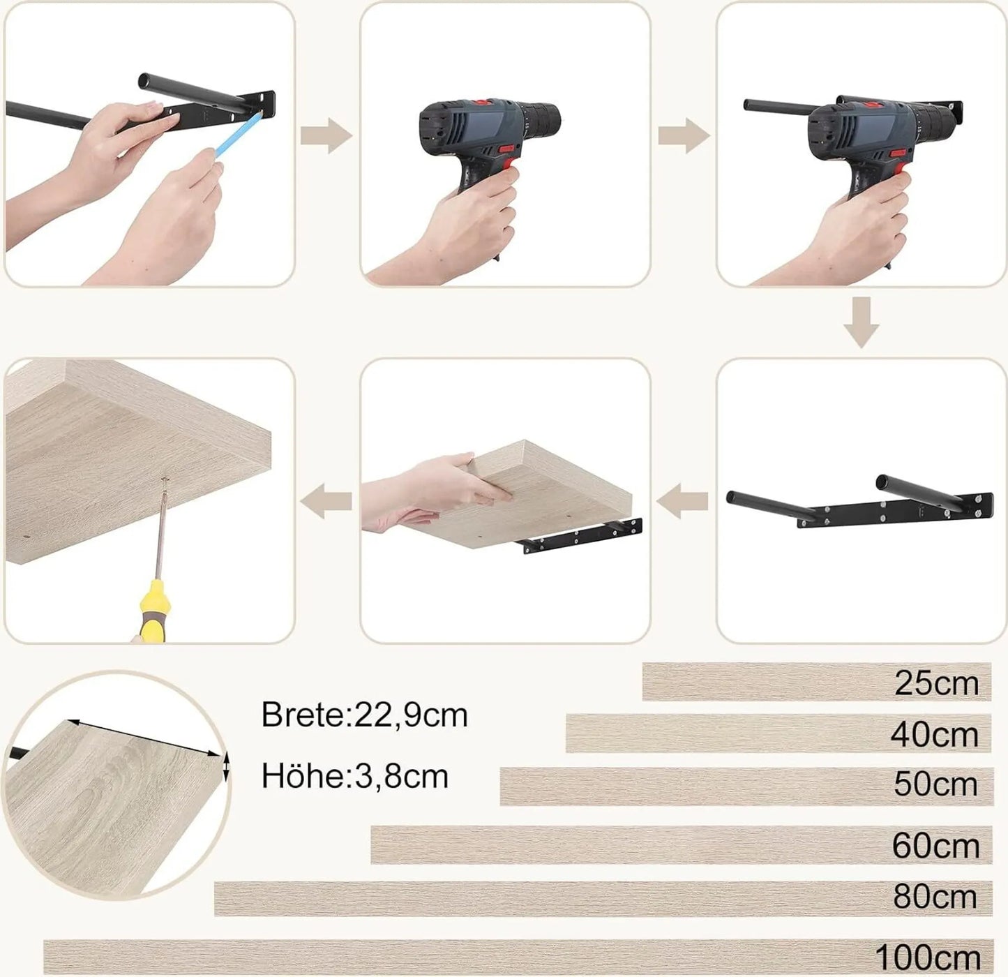 EUGAD Wandplank Zwevend – Voorzien Van Verborgen Metalen Bevestigingsbeugels En Voorgeboorde Gaten En Landelijke Fineerlaag – Voor Woonkamer En Keuken – Grijs Mdf-hout – 60 x 23 x 3,8 cm
